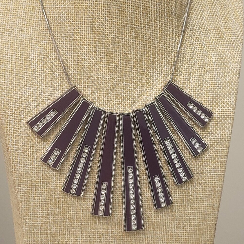 Silver tone, vintage purple metal bar rhinestone statement fashion necklace